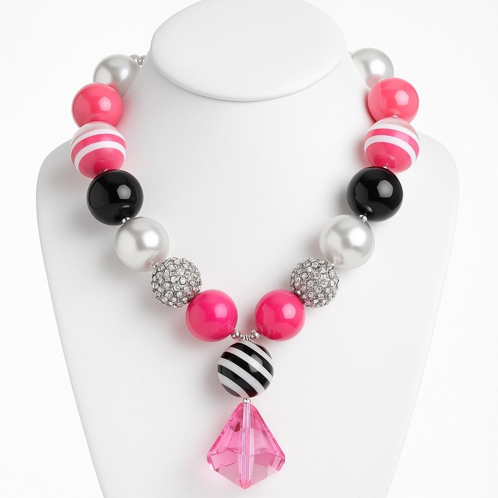 Peppa Pig Inspired Chunky Bead Necklace Pink Black White Silver‎ Girl Jewelry